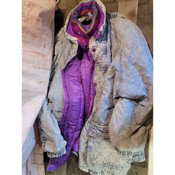 Weathered Blue vintage denim purple puffer jacket unisex - Picture 1 of 11